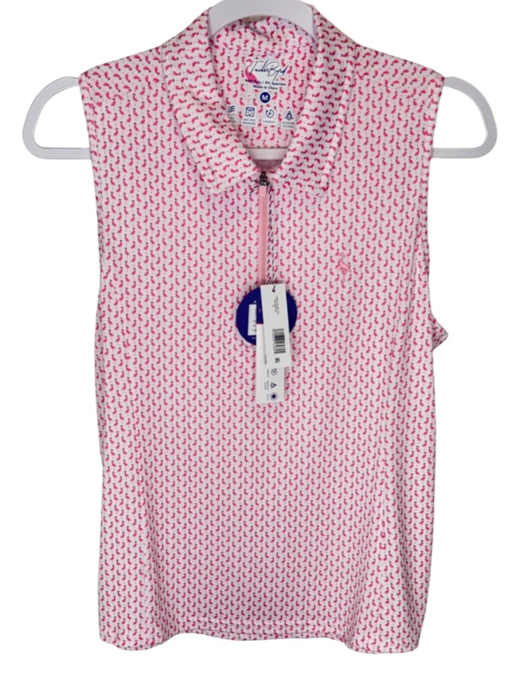 NWT Byrds Sleeveless Quarter Zip Polo Shirt Flamingo Print